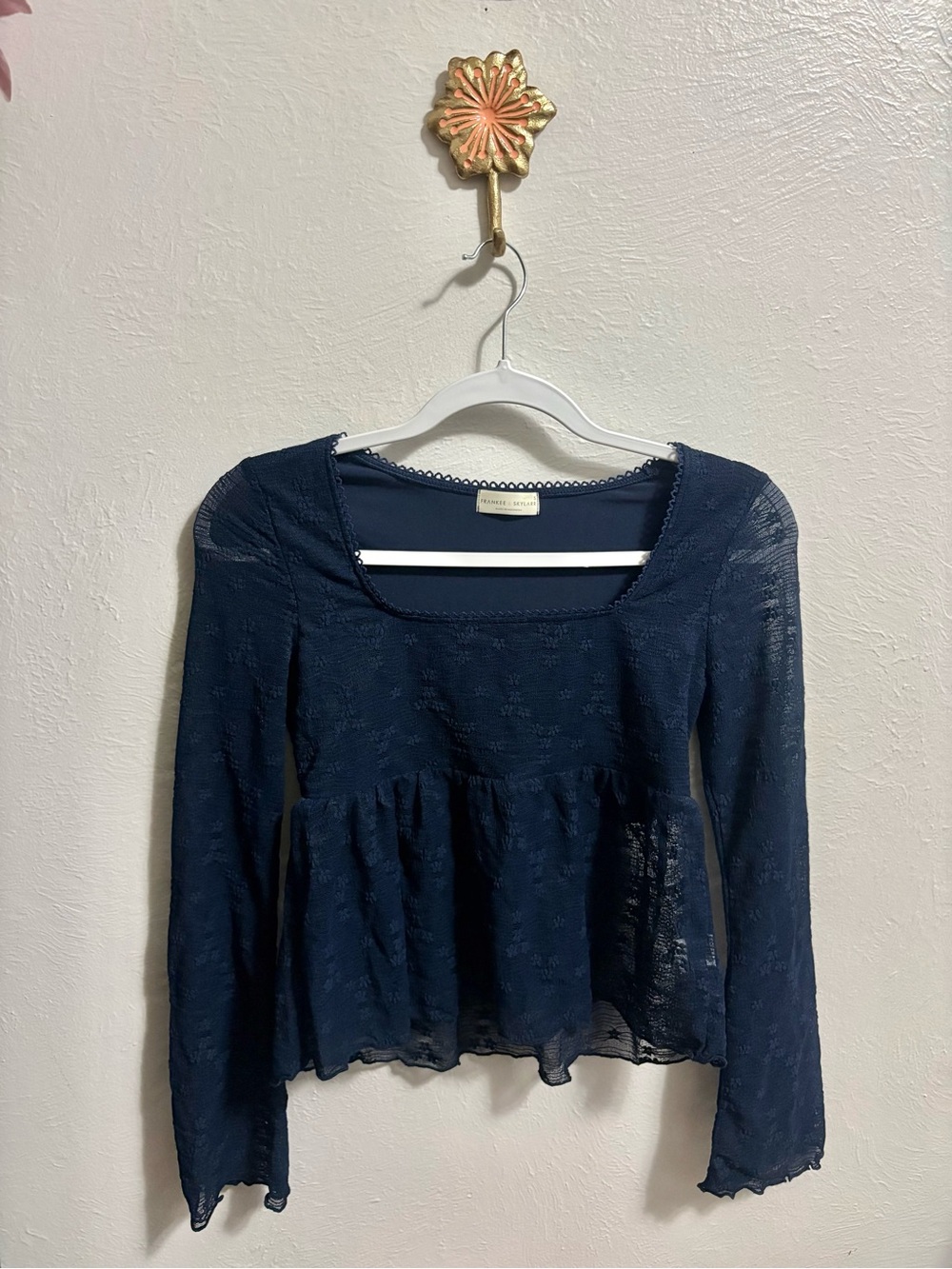 Navy Lace Peplum Long-Sleeve Top